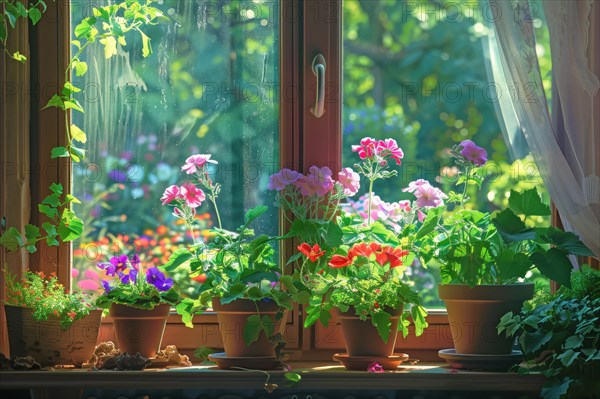 Vibrant potted flowers bask in sunlight on a wooden window sill, overlooking a lush green