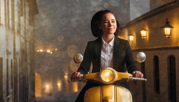 Woman on a vintage scooter on a rain-soaked street under ambient lights, blurry moody landscaped