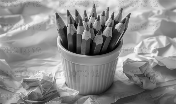 Graphite pencils arranged in a cup on a desk, surrounded by crumpled sheets of discarded white