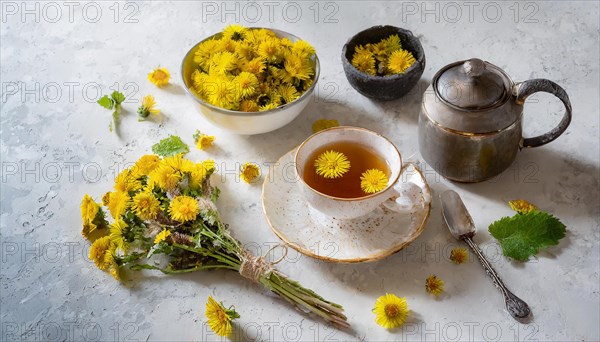 Still life with tea and yellow flowers on a light background, medicinal plant coltsfoot, Tussilago