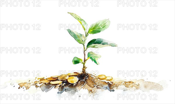 Watercolor illustration of a tree sprout with coins around it AI generated
