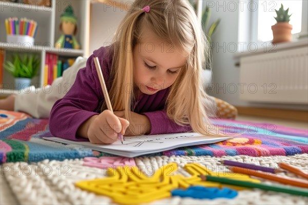 A pre-school girl lies on the floor and draws a picture with a pencil, AI generated, AI generated,