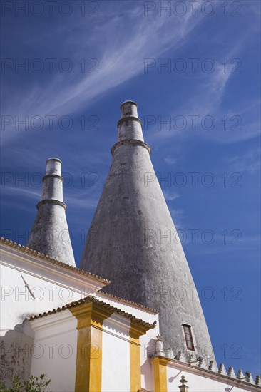 Inner courtyard architectural details and the chimney stacks at the National Palace of Sintra,