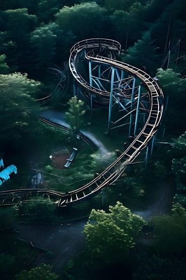 Aerial view of a bandoned amusement park overgrown with vegetation and rusting roller coasters, AI