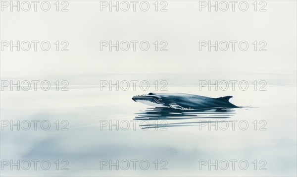 A serene watercolor painting featuring a solitary whale gracefully gliding through calm ocean
