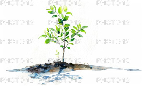 Tree sprout with coins growing from its buds, watercolor illustration on white background AI