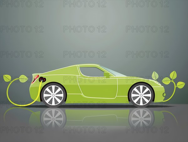Vector illustration of a green electric coupe with leaves symbolizing clean energy, illustration,