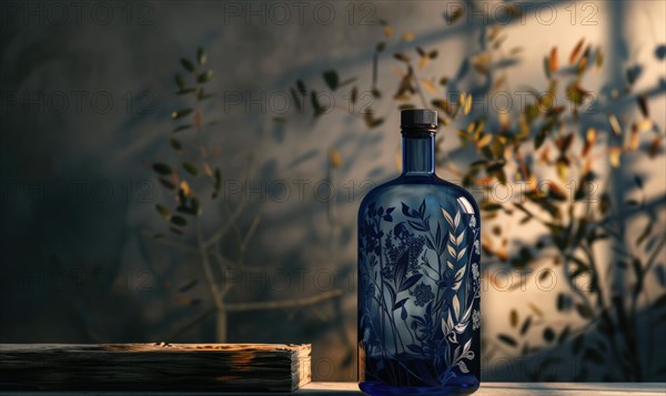 Cobalt blue glass bottle with botanical illustrations on background with textured shadow AI