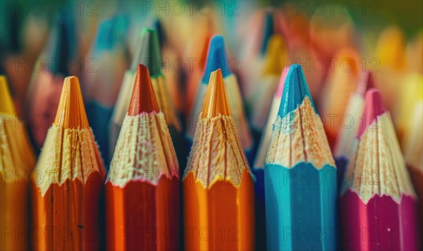 Close-up of a bunch of colored pencils, abstract background with colored pencils macro view AI