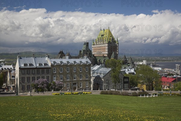 Old historic residential architectural buidings along ave. Saint-Denis and Chateau Frontenac plus