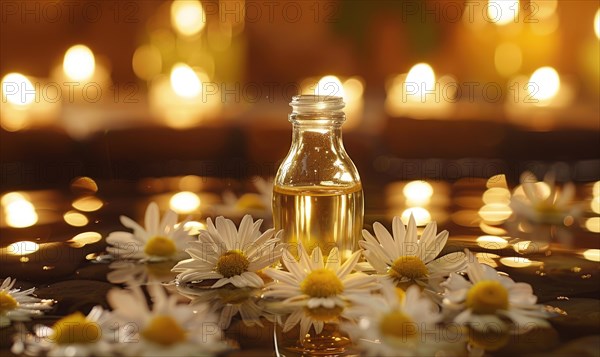Chamomile essential oil in a dropper bottle, closeup view, skin care cosmetic background AI