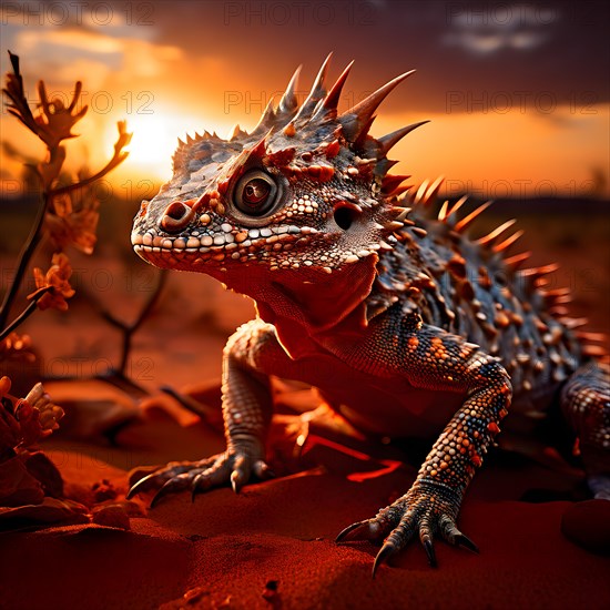 Horned lizard in perfect camouflage with the desert floor basking under the warm glow of the sonora