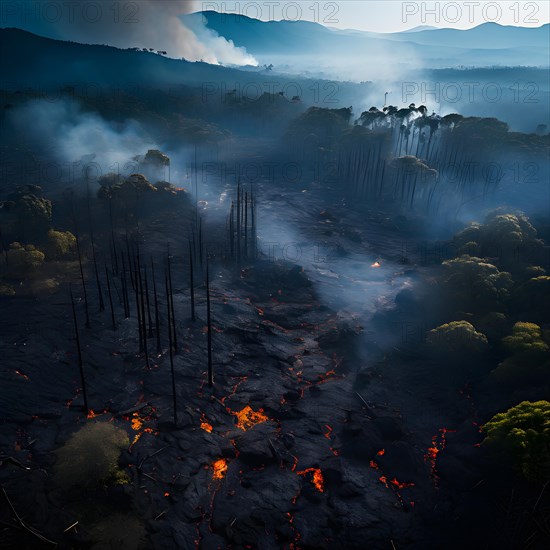 Charred tree skeletons in a smoke filled landscape remnants of a forest fire ignited by lava flow,