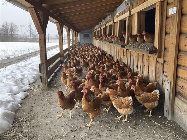 A row of hens inside a wooden coop, with a winter landscape and snow outside, AI generiert, AI