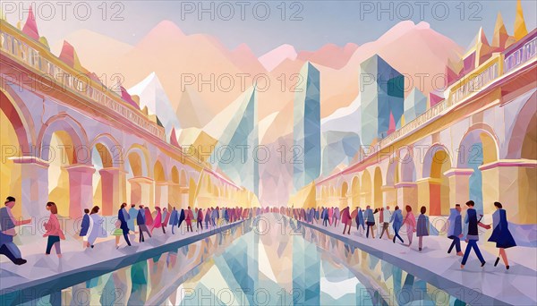 Colorful depiction of an urban scene with pedestrians walking under arches with reflections on the