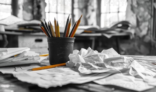 Graphite pencils arranged in a cup on a desk, surrounded by crumpled sheets of discarded white