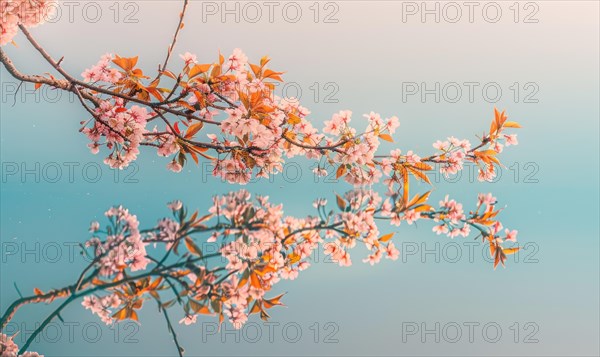 Springtime cherry blossoms in full bloom, cherry blossoms reflected on the calm surface of the lake