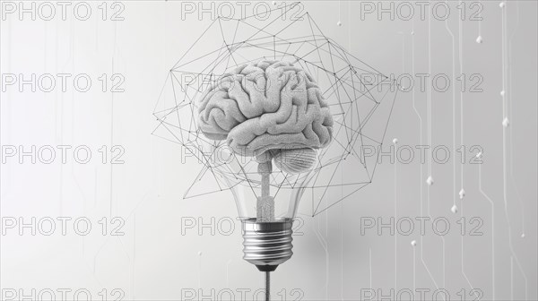 A textured brain forms the filaments of a light bulb surrounded by a wireframe geometric shape, ai