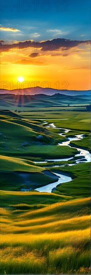 AI generated abstract painting of grasslands under a blazing sunset waves of greens