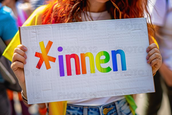 Woman holding up sign with colorful text saying *innen, a suffix used for gender neutral language