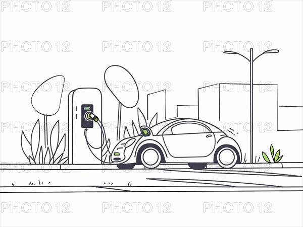 Monochrome line art of an electric car charging near a cityscape with plants, illustration, AI