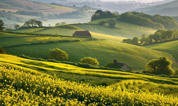 A picturesque countryside scene with rolling hills blanketed in vibrant yellow rapeseed flowers,