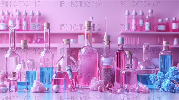 Assortment of laboratory glassware filled with colorful liquids on a pink background, ai generated,