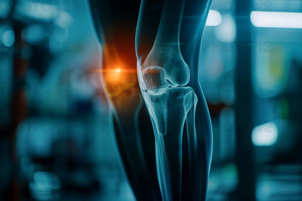 Illustration, biomedical visualisation, painful knee joint, osteoarthritis, AI generated, AI