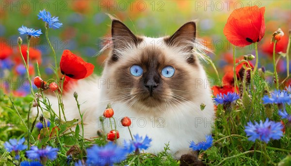 KI generated, animal, animals, mammal, mammals, cat, felidae (Felis catus), a cat lies in a meadow