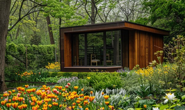 A minimalist modern wooden cabin surrounded by a variety of spring flowers and lush green foliage