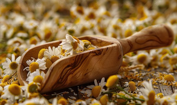 Chamomile tea leaves in a wooden scoop AI generated