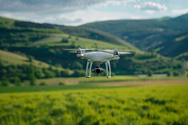 Drone flying over agricultural field. KI generiert, generiert, AI generated