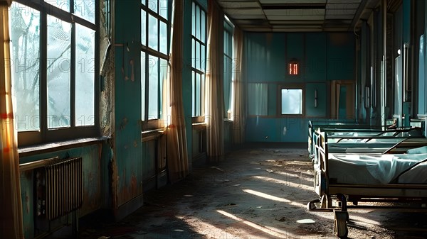 Rows of empty rusting hospital beds suspended in the melancholy, AI generated, hospital, damage,