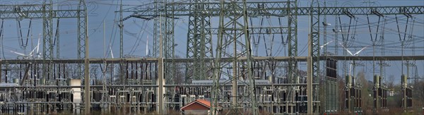Stendal West substation with wind turbines in the background near Luederitz, panoramic photo,