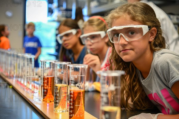 Pupils experimenting in a classroom with safety goggles, chemistry lessons, AI generated, AI