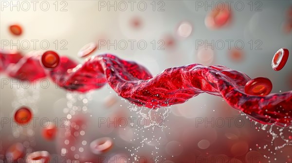 Red blood cells and a twisting DNA strand in a dynamic microscopic scene, ai generated, AI