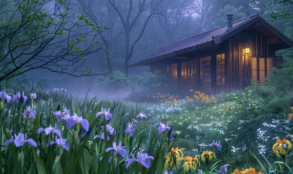 Morning mist enveloping a contemporary wooden cabin hidden deep within a spring garden filled with