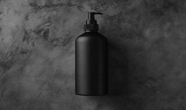 Studio shot of a matte black glass bottle mockup showcasing a product, minimalist branding AI