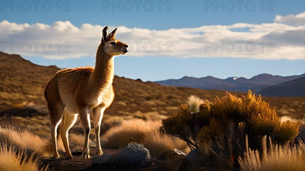 Guanaco standing on a solitary hill in the patagonian deserts sparsely vegetated landscape, AI