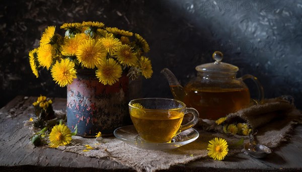 Metal teapot with a bunch of coltsfoot next to a teacup and glass teapot on a table, coltsfoot tea,