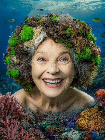 Smiling elderly caucasian blue eyed lady submerged in a coral reef, surrounded by vibrant marine