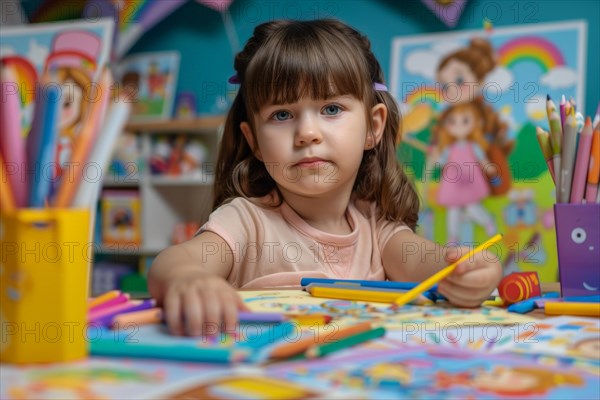 A pre-school girl sits at a table and draws a picture with coloured pencils, AI generated, AI