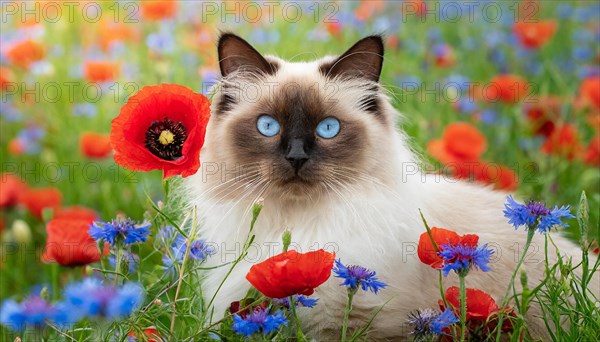 KI generated, animal, animals, mammal, mammals, cat, felidae (Felis catus), a cat lies in a meadow