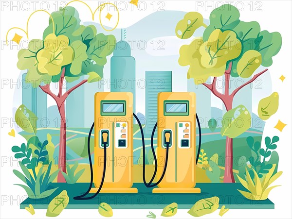 Bright and colorful illustration of electric car chargers in an urban green space, illustration, AI