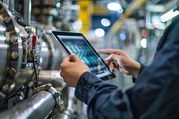 Hands holding smart industry control tablet with blurry machine in background. KI generiert,