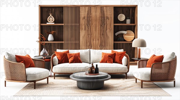 Modern living room with wooden bookshelf, white sofa, armchairs, and decorative objects, ai