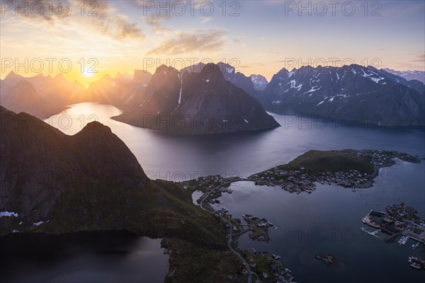 Mountain landscape, view from Reinebringen mountain to the village of Reine and Gravdalsbukta