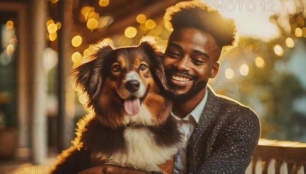 A man and his dog are smiling for the camera. The man is wearing casual the dog is wearing a collar