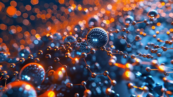 Abstract network of glowing orange particles with dynamic high-tech connections, ai generated, AI