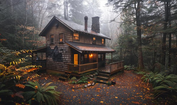 A cozy cabin nestled in a lush forest, surrounded by mist and raindrops glistening on the leaves AI